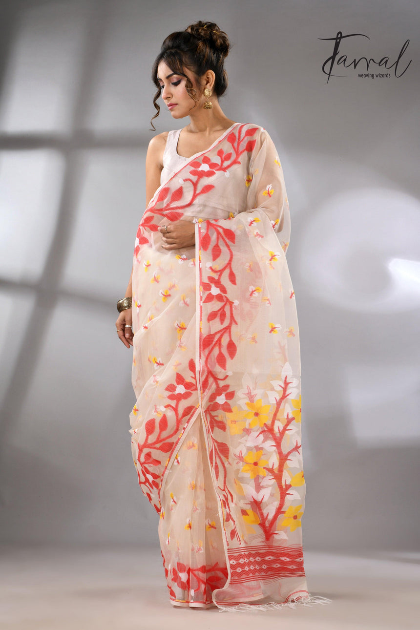 jamdani saree, jamdani, handloom, handwoven, saree, silk, dhakai, weaving, kolkatasaree, tamalboutique