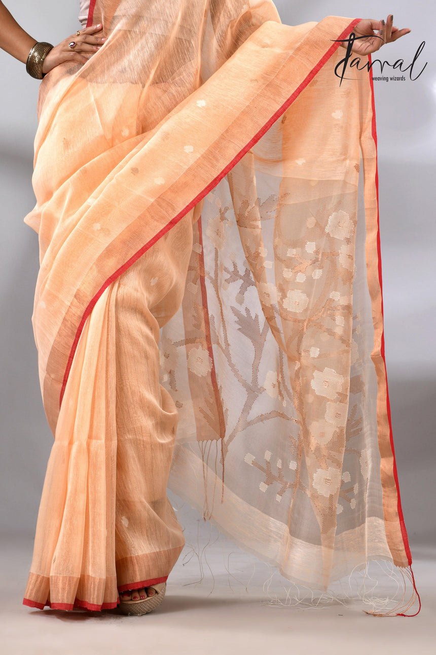 Light_peach_zari_border_silk_linen_handwoven_jamdani_sarees_bottom