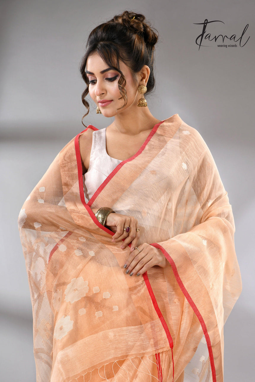 Light peach zari border silk linen handwoven jamdani sarees full