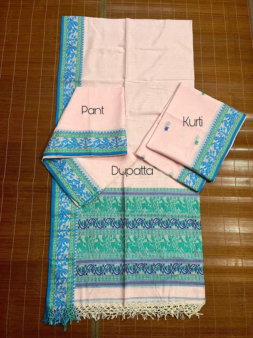 Light pink cotton baluchari kurti 3 piece set - Tamal Boutique