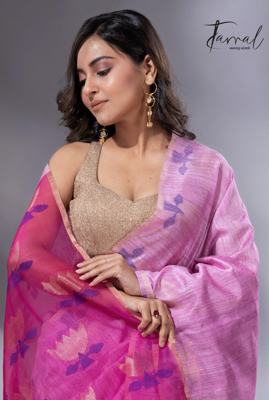 Light pink with rani golden lotus pallu matka silk handwoven jamdani saree - Tamal Boutique