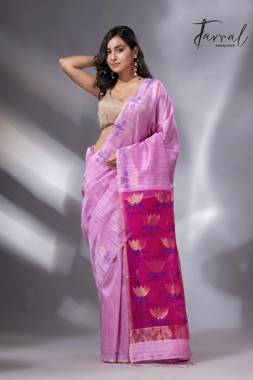 Light pink with rani golden lotus pallu matka silk handwoven jamdani saree - Tamal Boutique