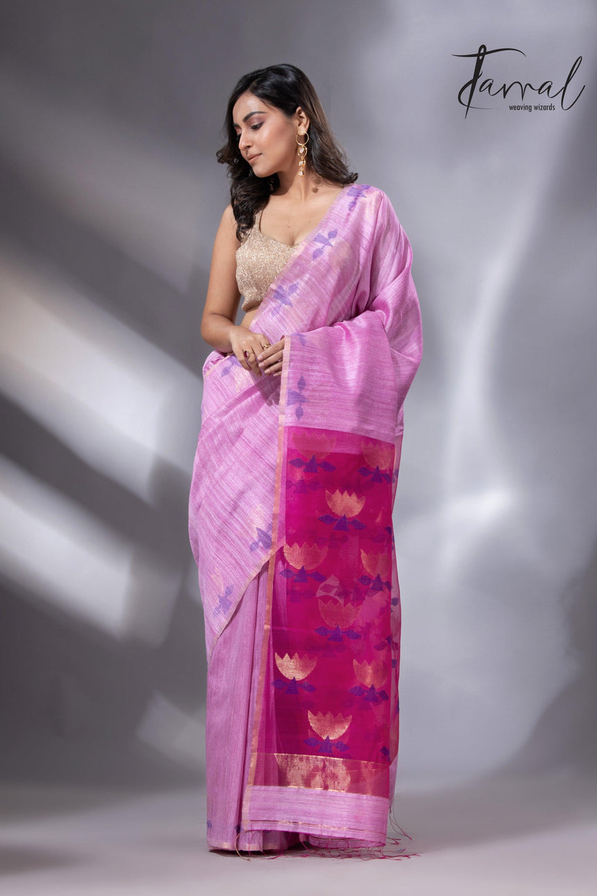 Light pink with rani golden lotus pallu matka silk handwoven jamdani saree - Tamal Boutique