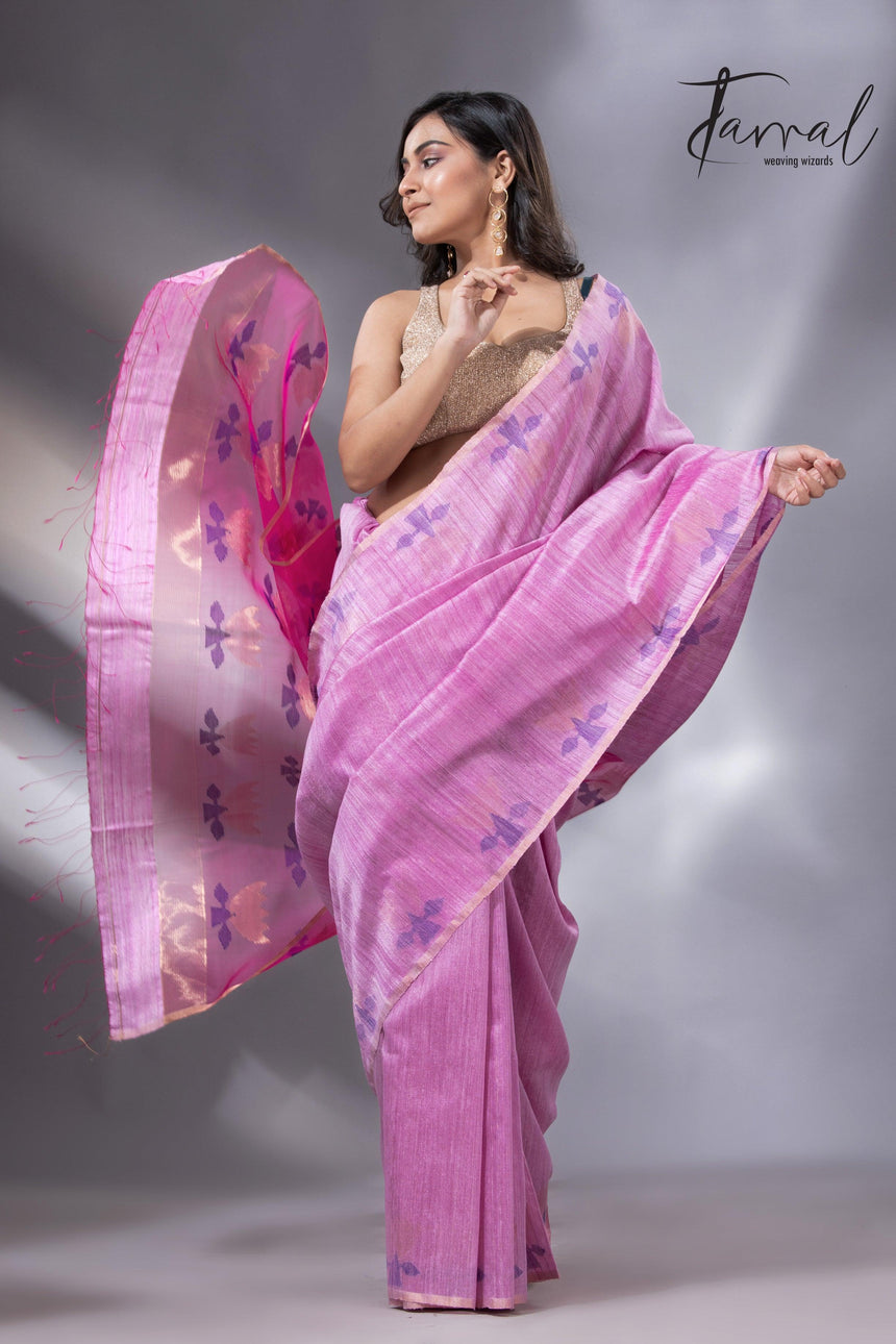 Light pink with rani golden lotus pallu matka silk handwoven jamdani saree - Tamal Boutique