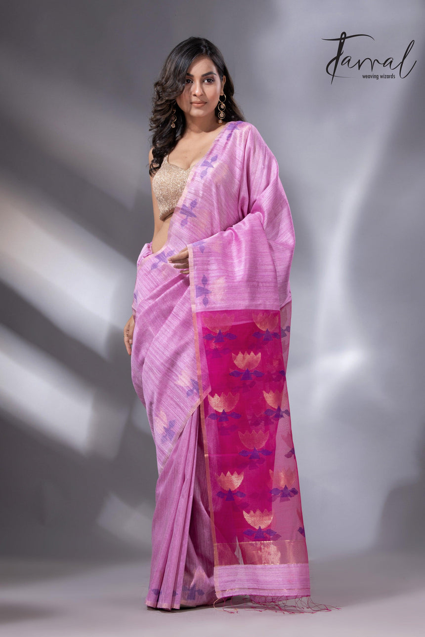Light pink with rani golden lotus pallu matka silk handwoven jamdani saree - Tamal Boutique