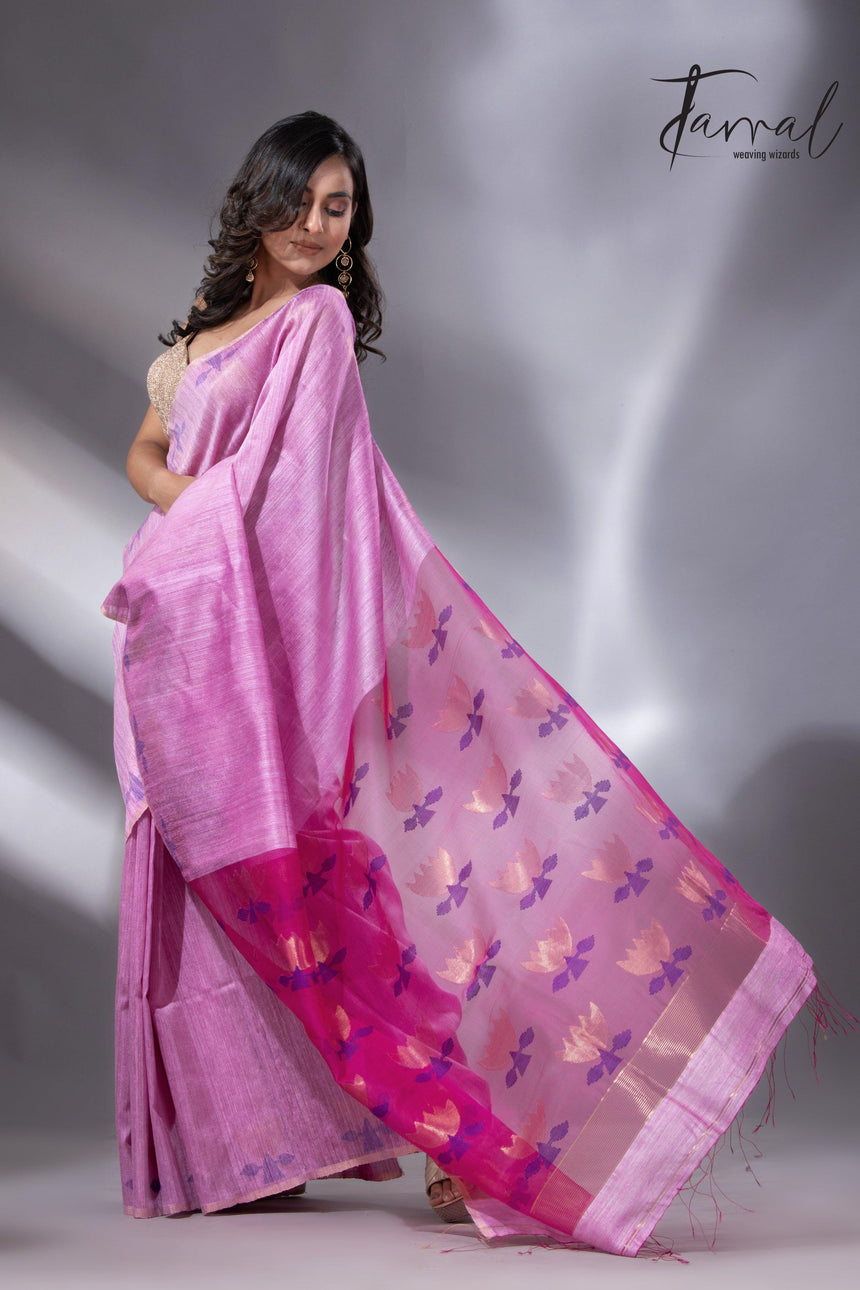 Light pink with rani golden lotus pallu matka silk handwoven jamdani saree - Tamal Boutique