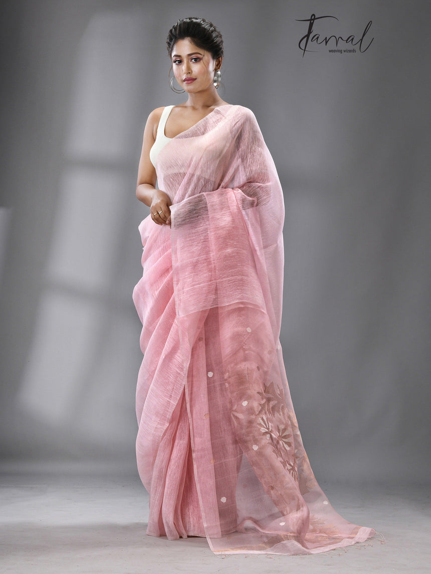 Light pink thoka silk linen handwoven jamadani saree - Tamal Boutique