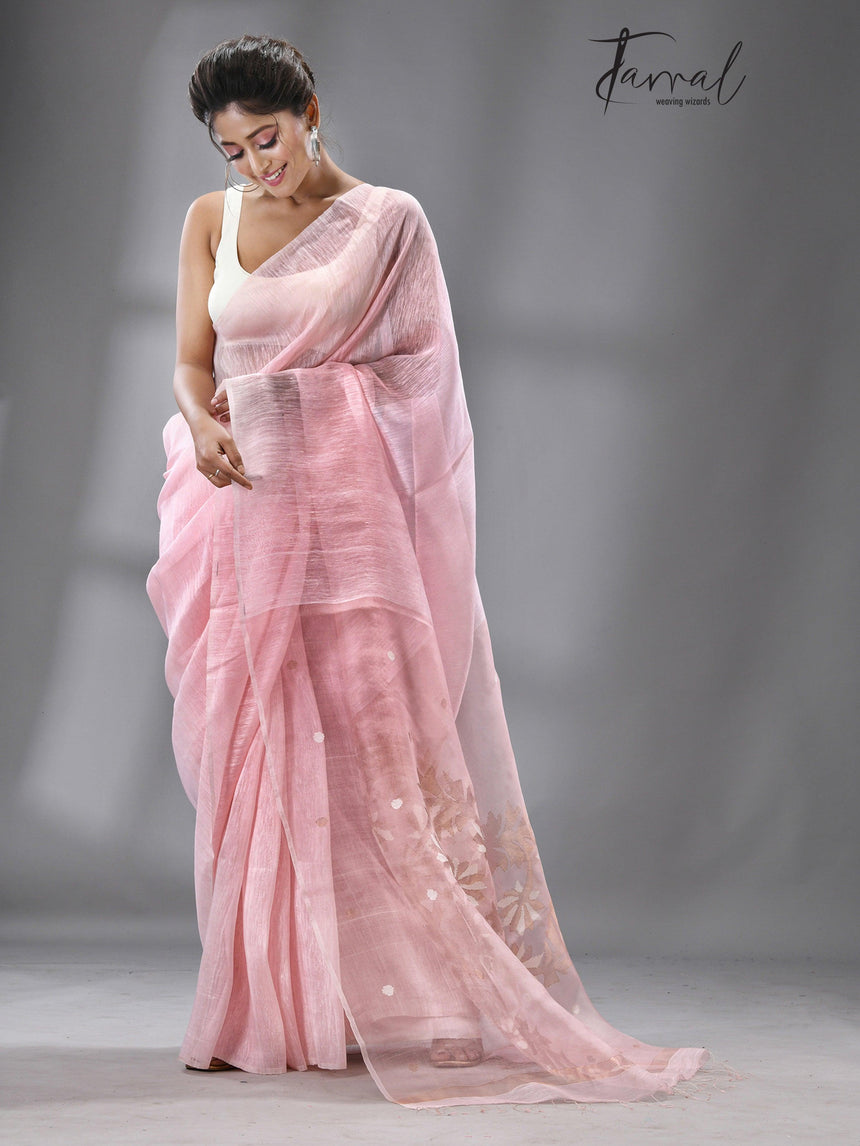Light pink thoka silk linen handwoven jamadani saree - Tamal Boutique