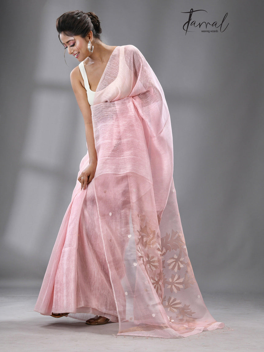 Light pink thoka silk linen handwoven jamadani saree - Tamal Boutique