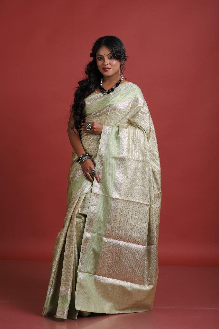Light pista green with silver zari tissue banarasi silk saree - Tamal Boutique