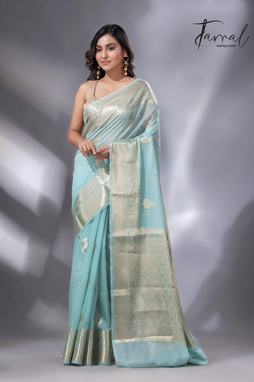 Light sea green zari work organza silk leafy banarasi handloom saree