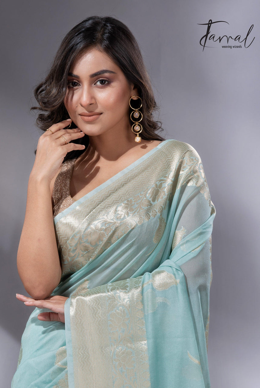 Light sea green zari work organza silk leafy banarasi handloom saree1