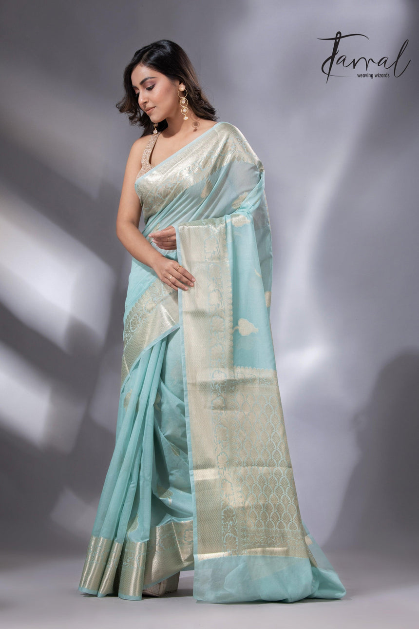 Light sea green zari work organza silk leafy banarasi handloom saree2