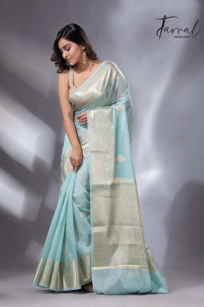Light sea green zari work organza silk leafy banarasi handloom saree3