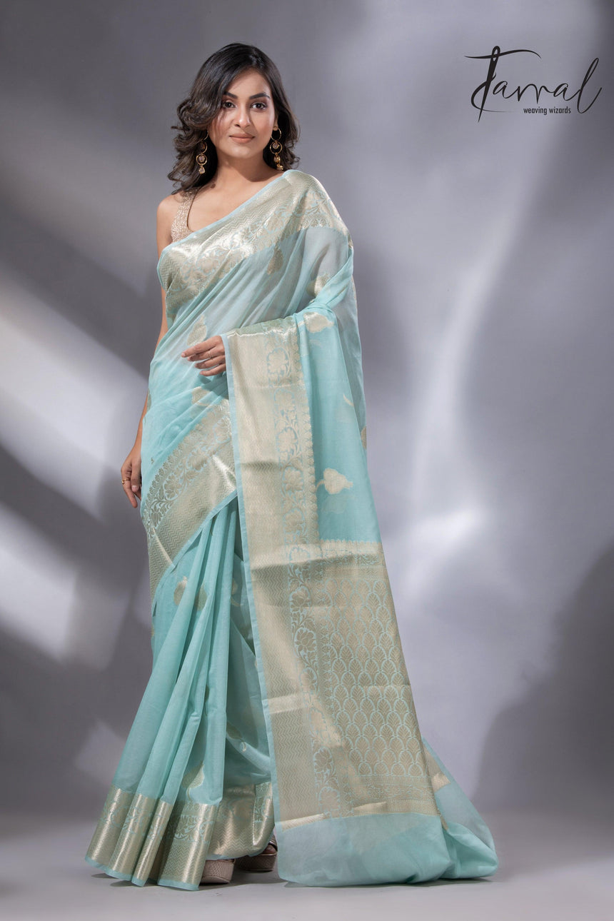 Light sea green zari work organza silk leafy banarasi handloom saree4