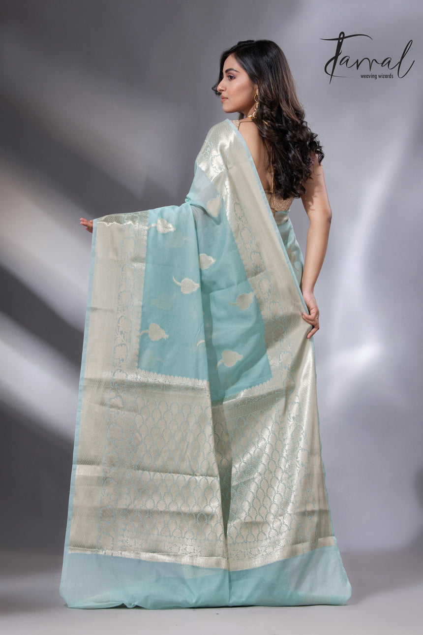 Light sea green zari work organza silk leafy banarasi handloom saree back