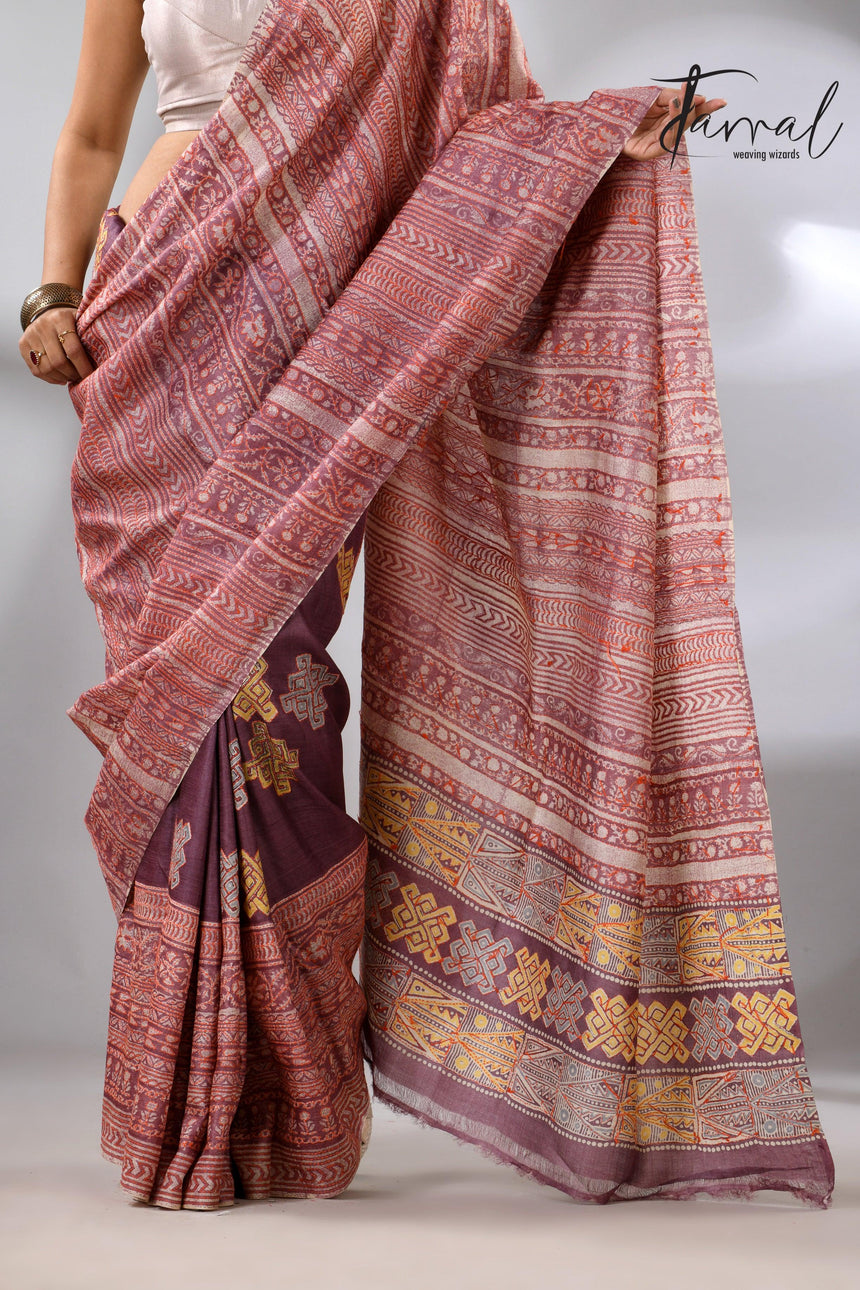 Light with dark brown pure Tussar batik silk handcrafted saree bottom