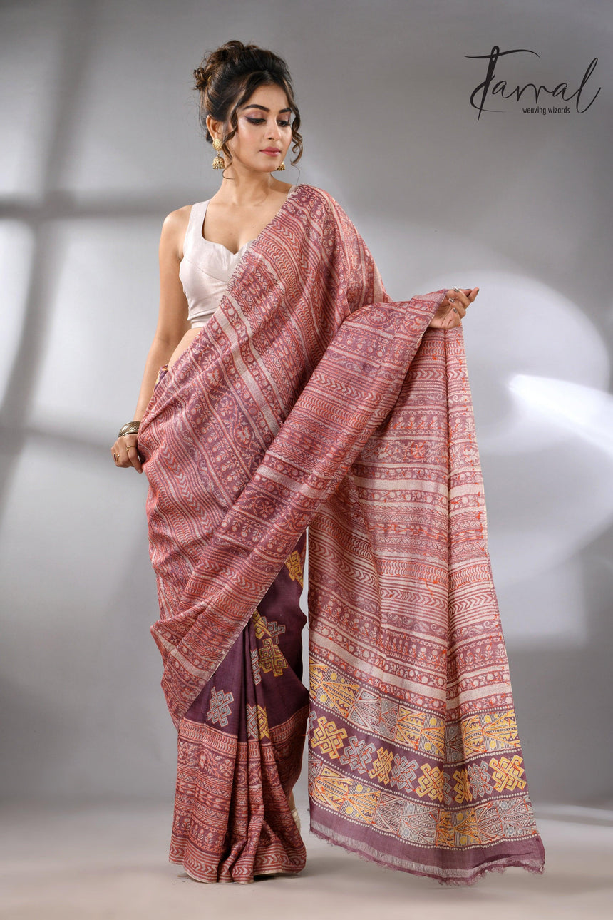 Light with dark brown pure Tussar batik silk handcrafted saree full