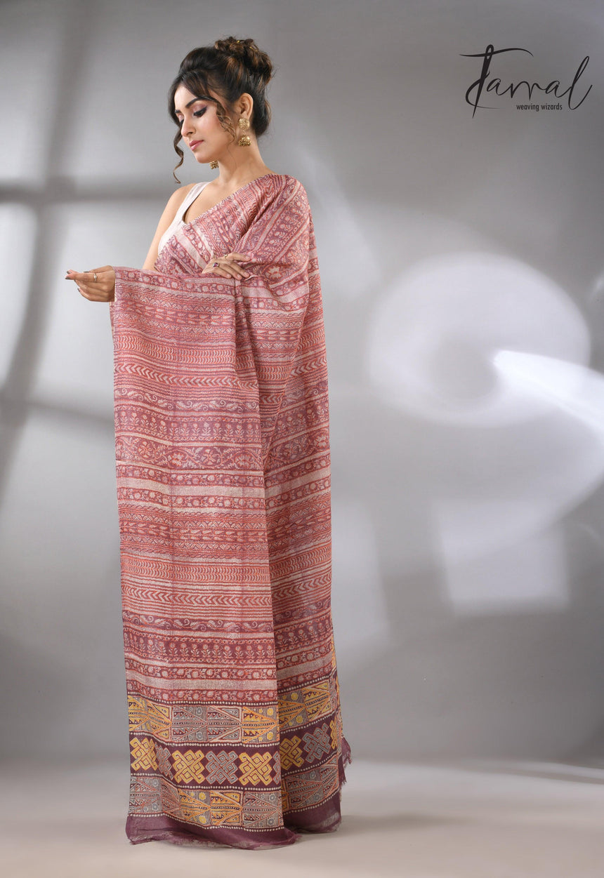 Light with dark brown pure Tussar batik silk handcrafted saree left2