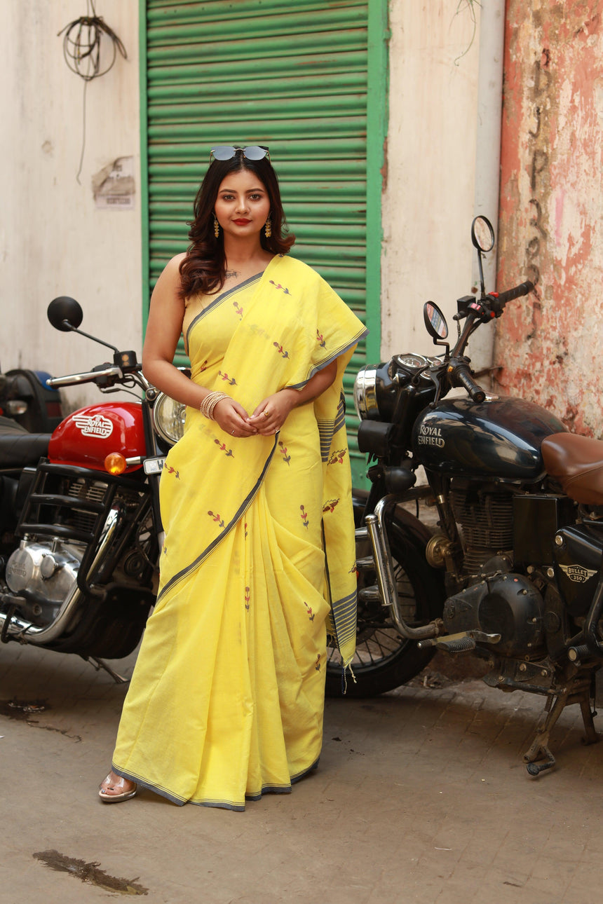 Light yellow colour pure cotton handwoven jamdani saree