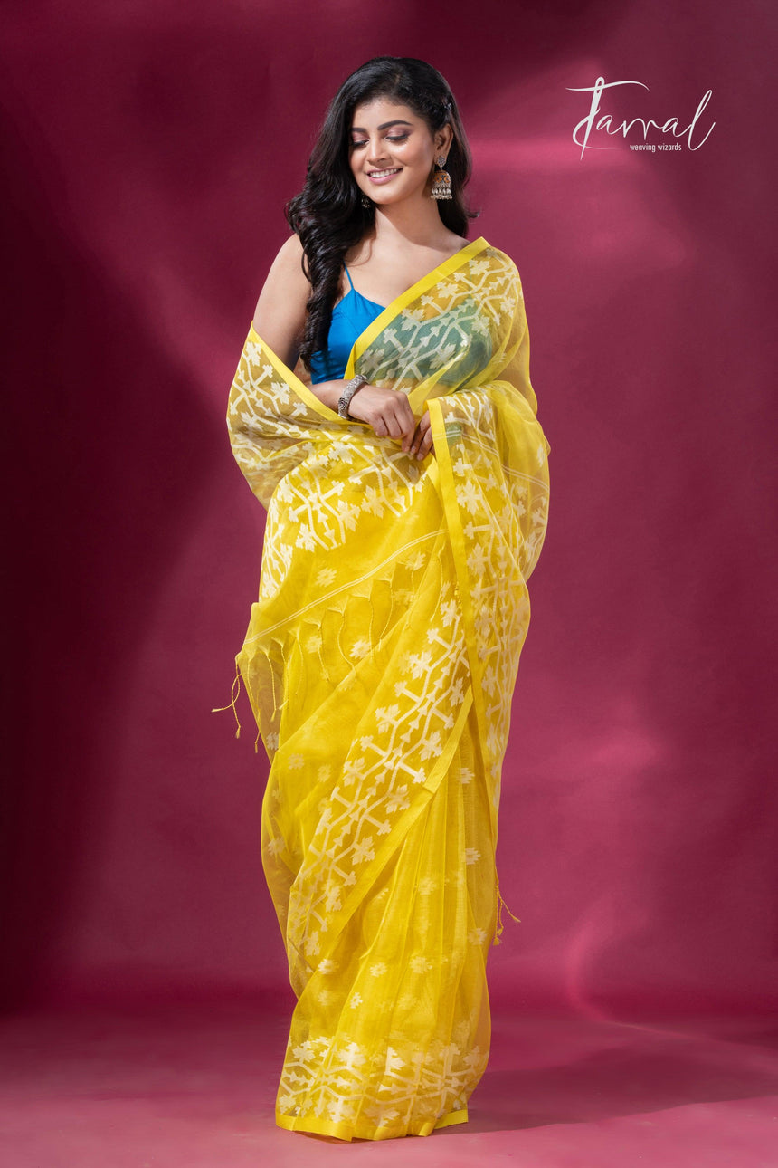 Light yellow handloom work organza muslin silk jamdani saree full1