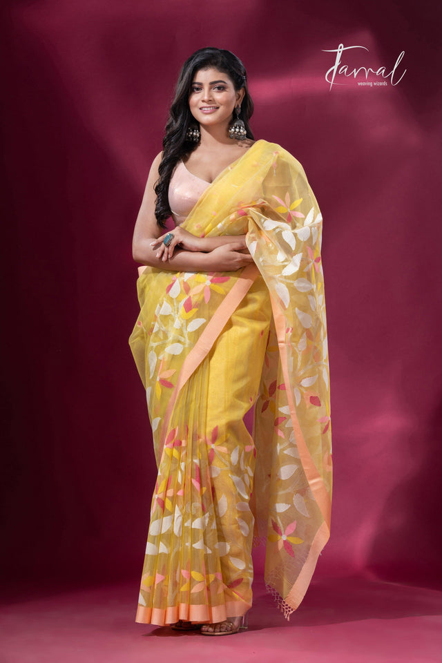 Light yellow pure organza muslin silk handwoven jamdani saree