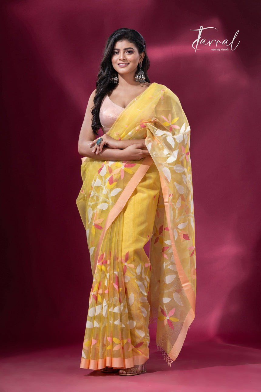 Light yellow pure organza muslin silk handwoven jamdani saree