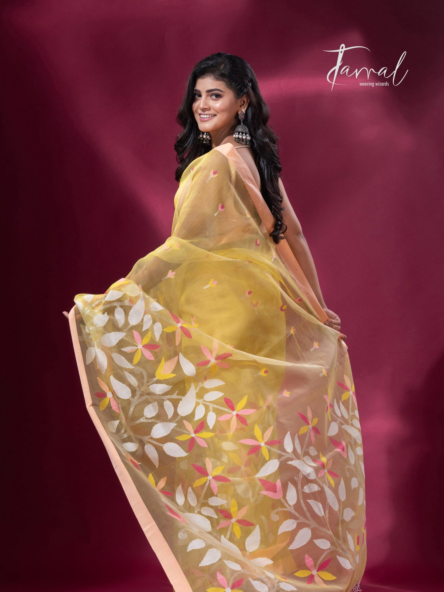 Light yellow pure organza muslin silk handwoven jamdani saree back