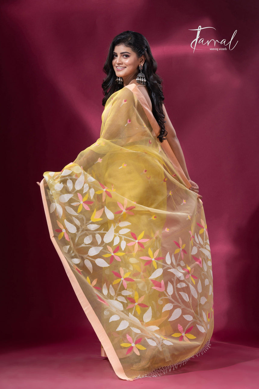 Light yellow pure organza muslin silk handwoven jamdani saree back