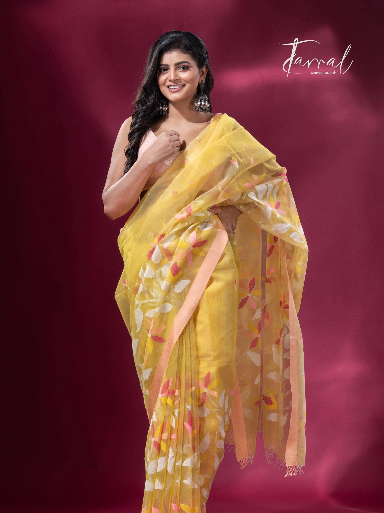 Light yellow pure organza muslin silk handwoven jamdani saree full