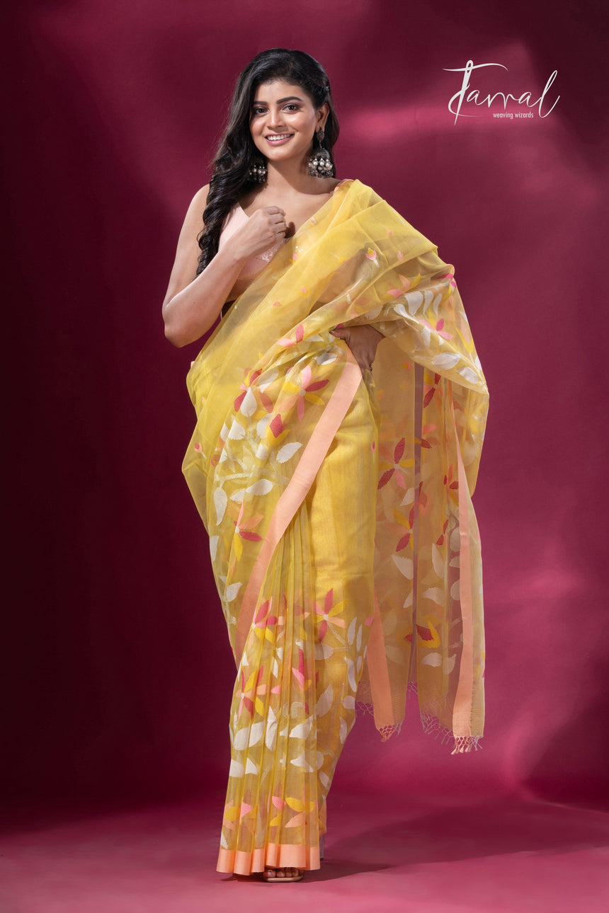 Light yellow pure organza muslin silk handwoven jamdani saree full