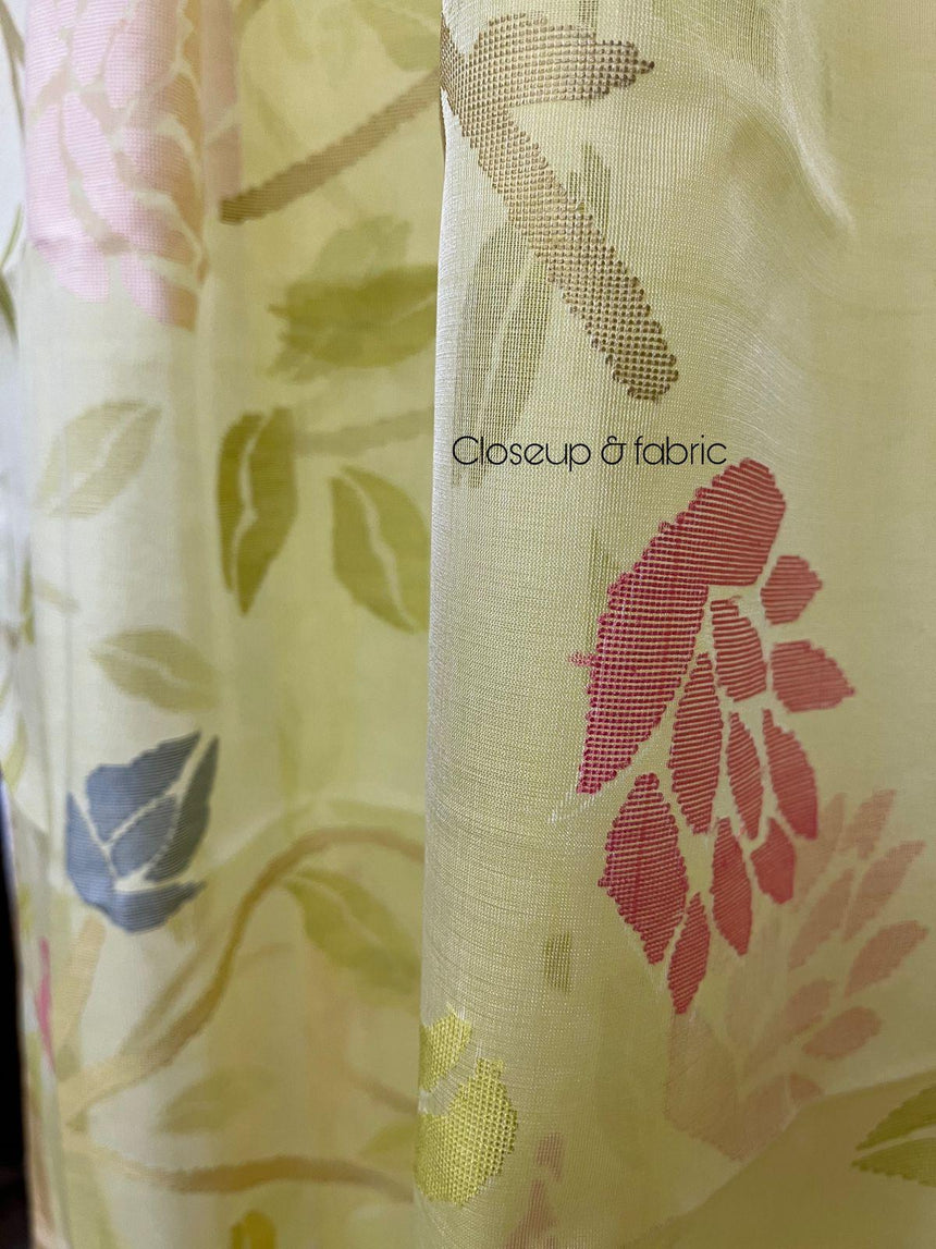 Light yellow with multi colour allover rose motifs muslin silk handwoven jamdani saree - Tamal Boutique
