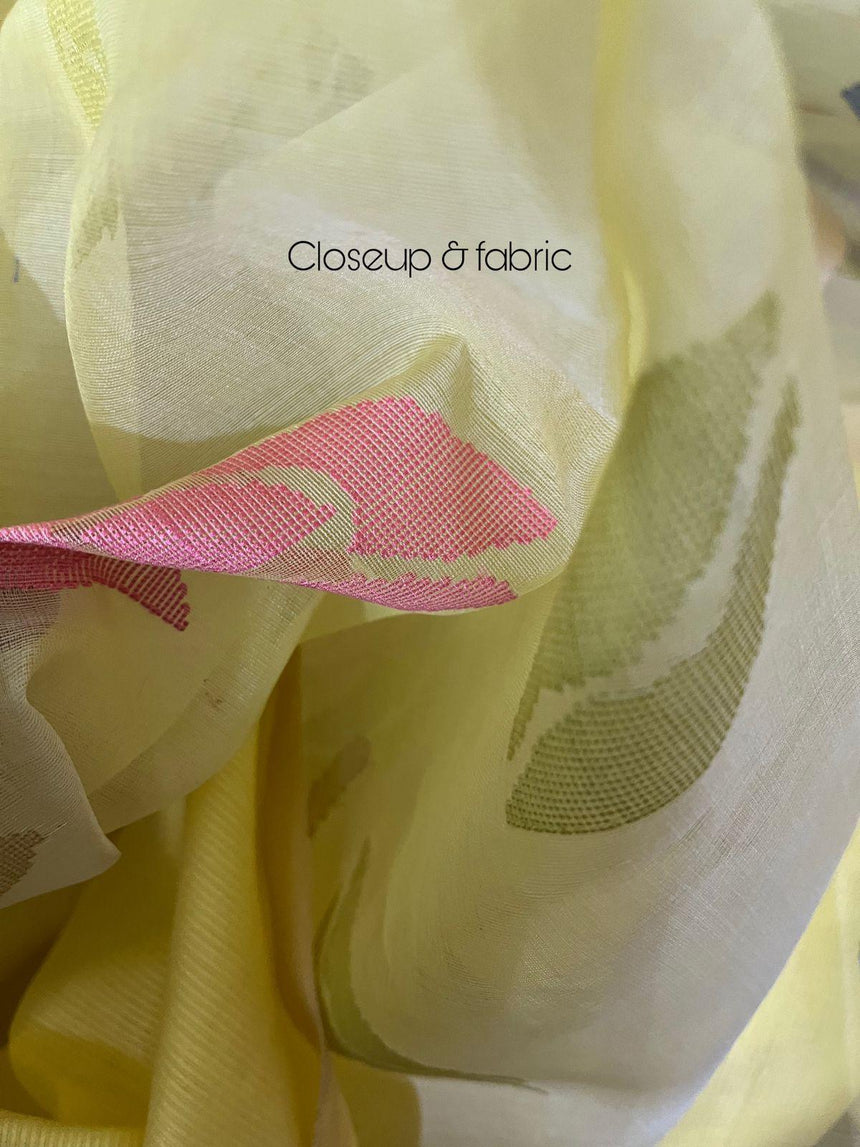 Light yellow with multi colour allover rose motifs muslin silk handwoven jamdani saree - Tamal Boutique
