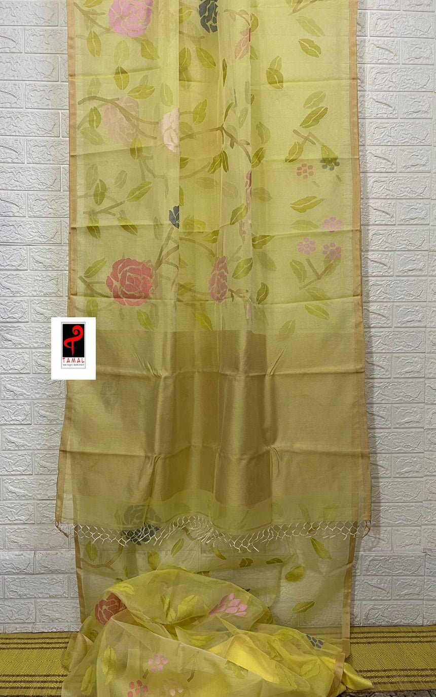 Light yellow with multi colour allover rose motifs muslin silk handwoven jamdani saree - Tamal Boutique