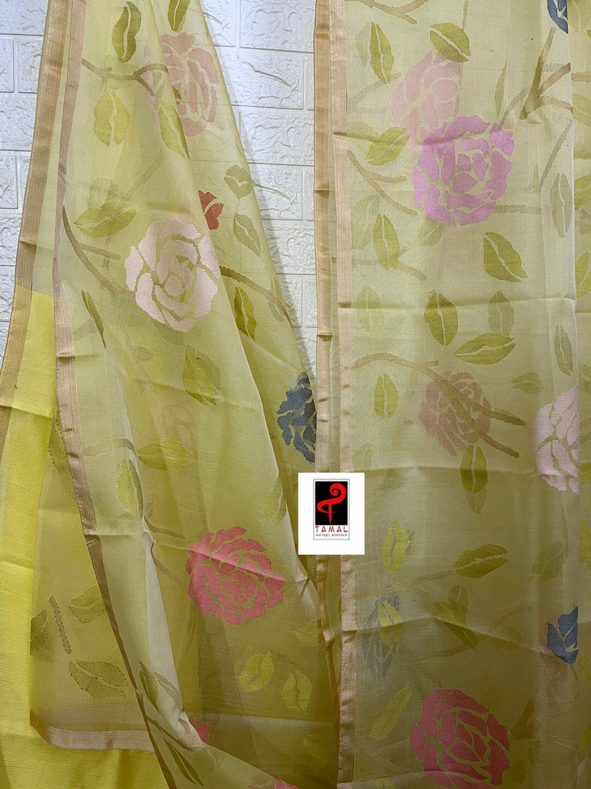 Light yellow with multi colour allover rose motifs muslin silk handwoven jamdani saree - Tamal Boutique