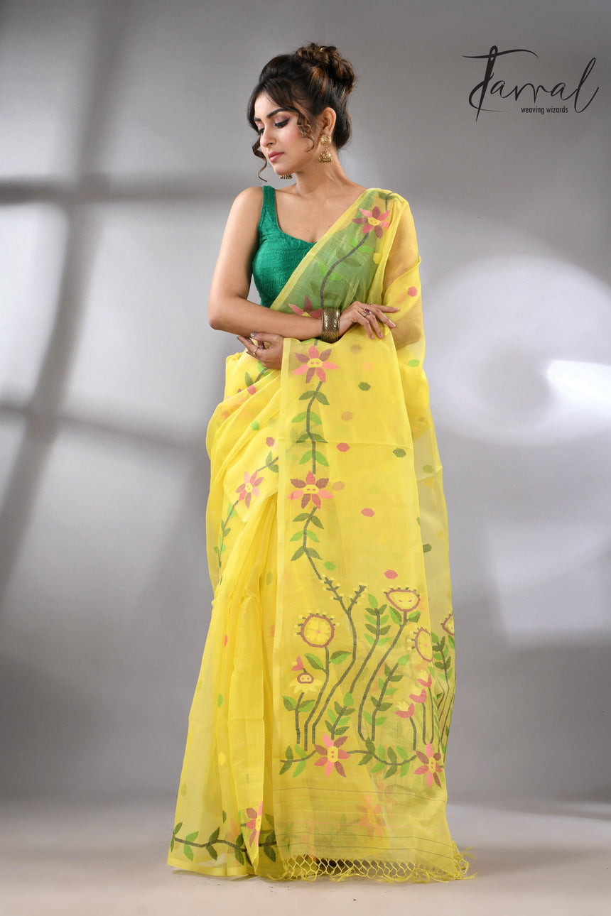 Light yellow with tusser border & multicolour floral muslin silk handwoven jamdani saree - Tamal Boutique