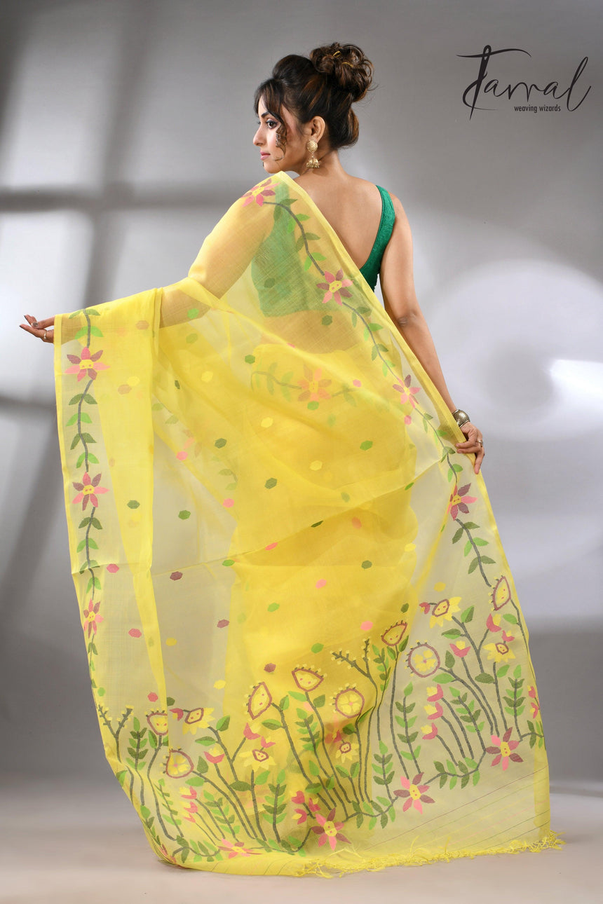 Light yellow with tusser border & multicolour floral muslin silk handwoven jamdani saree - Tamal Boutique