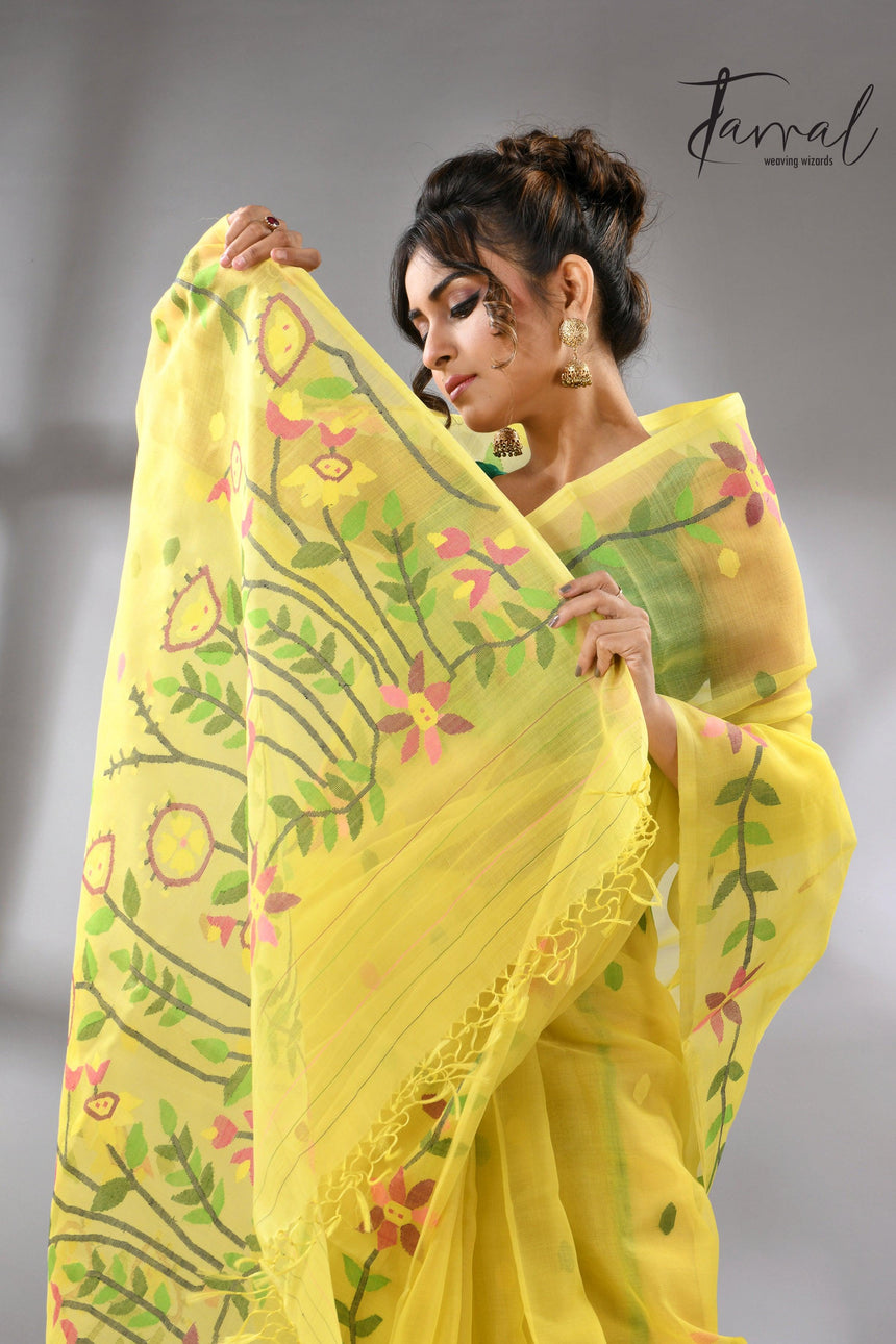 Light yellow with tusser border & multicolour floral muslin silk handwoven jamdani saree - Tamal Boutique