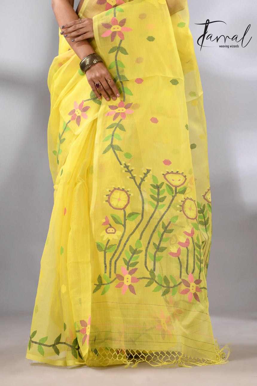 Light yellow with tusser border & multicolour floral muslin silk handwoven jamdani saree - Tamal Boutique