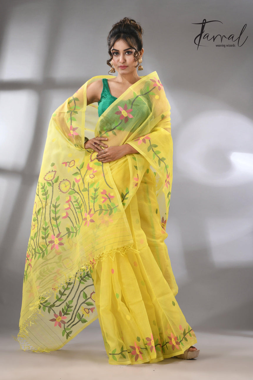 Light yellow with tusser border & multicolour floral muslin silk handwoven jamdani saree - Tamal Boutique