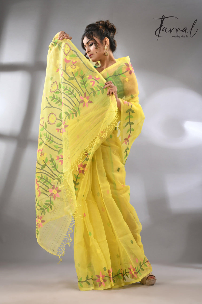 Light yellow with tusser border & multicolour floral muslin silk handwoven jamdani saree - Tamal Boutique