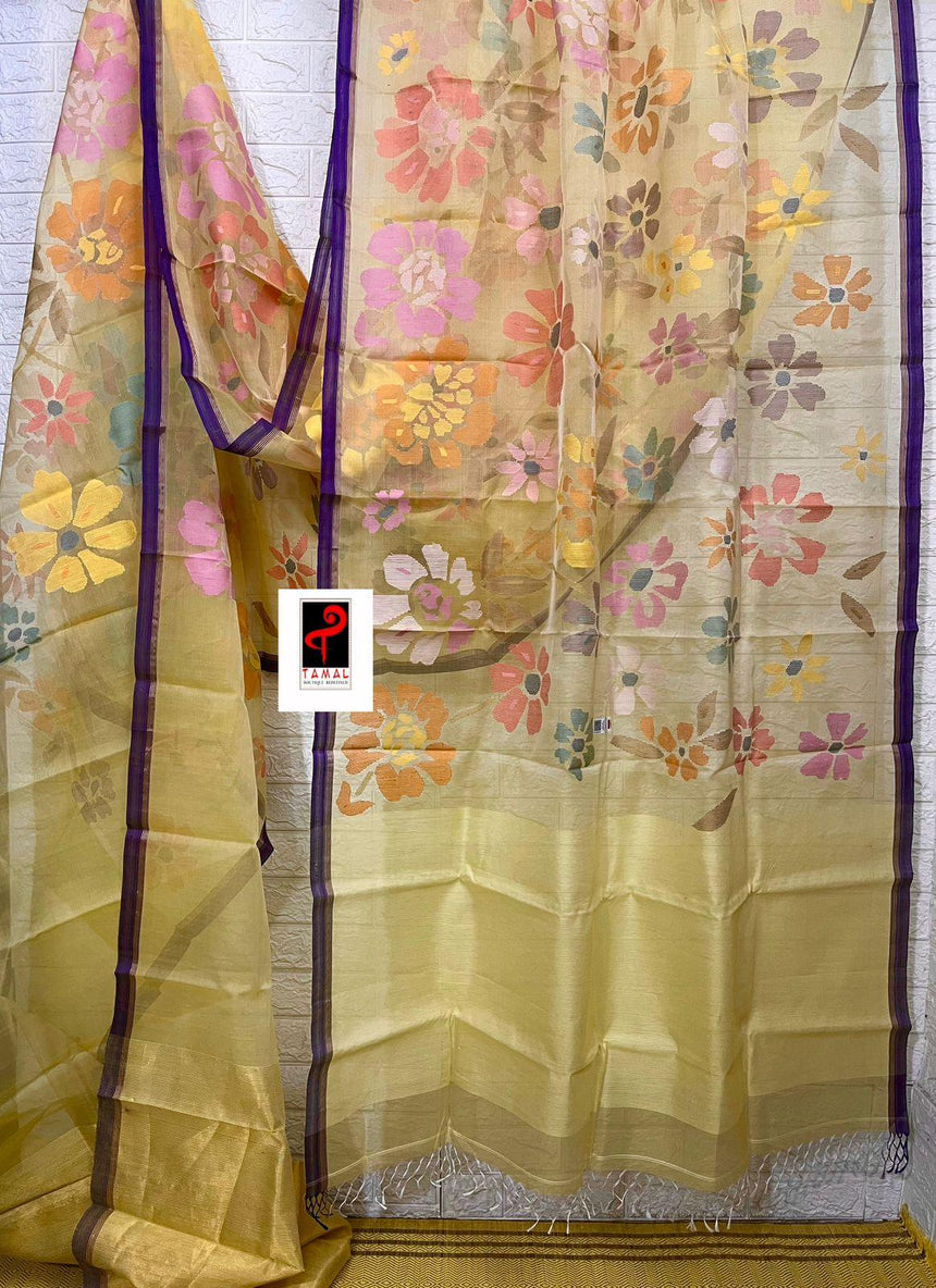 Light yellow with purple border allover seasonal floral handwoven jamdani saree in muslin silk - Tamal Boutique