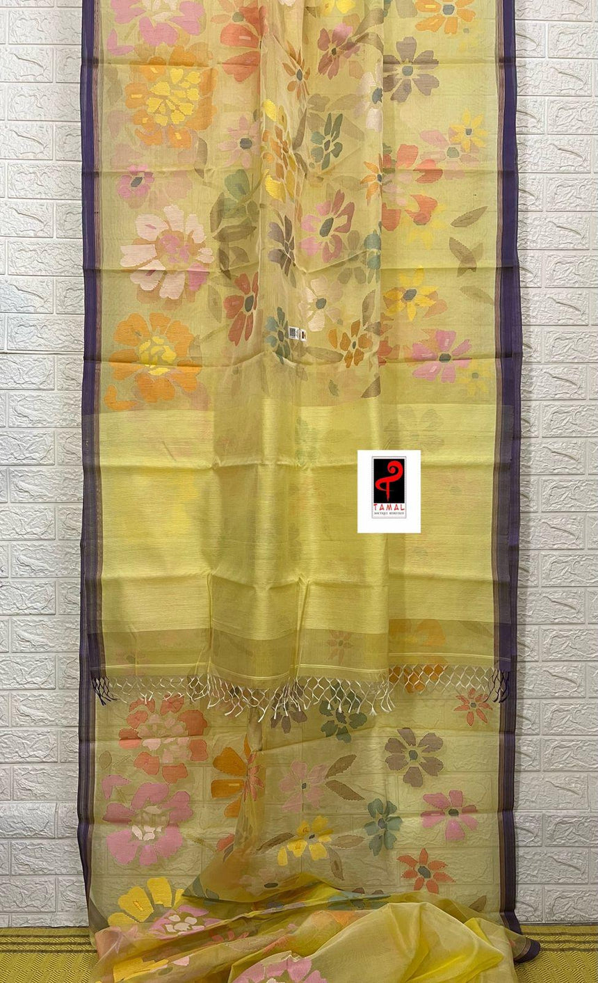 Light yellow with purple border allover seasonal floral handwoven jamdani saree in muslin silk - Tamal Boutique