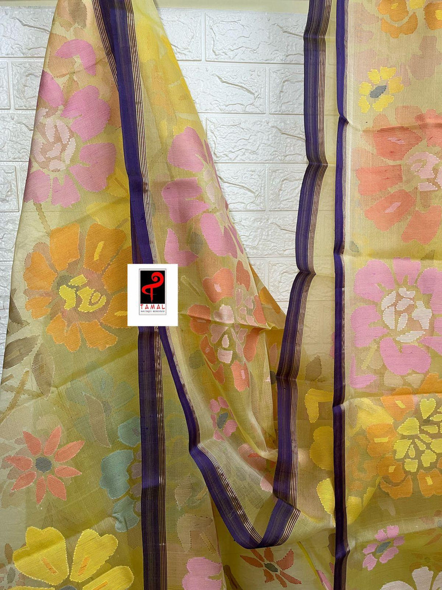 Light yellow with purple border allover seasonal floral handwoven jamdani saree in muslin silk - Tamal Boutique