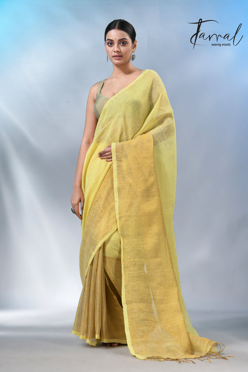Light yellow with half golden zari pure linen handloom saree