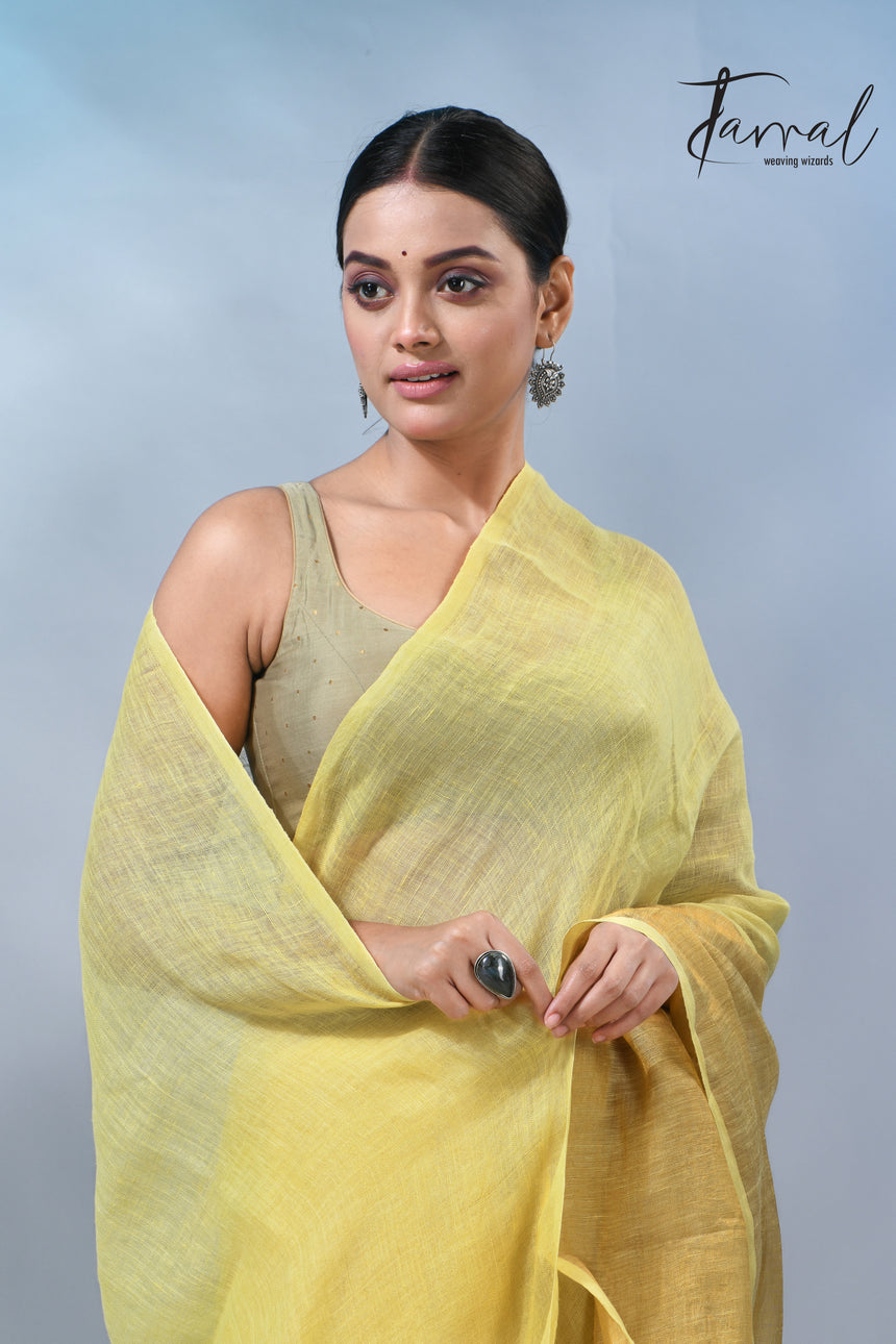 Light yellow with half golden zari pure linen handloom saree
