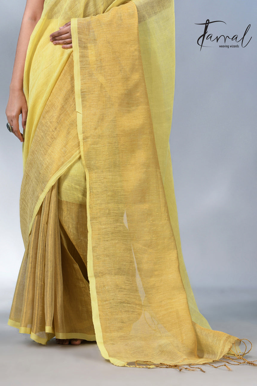 Light yellow with half golden zari pure linen handloom saree