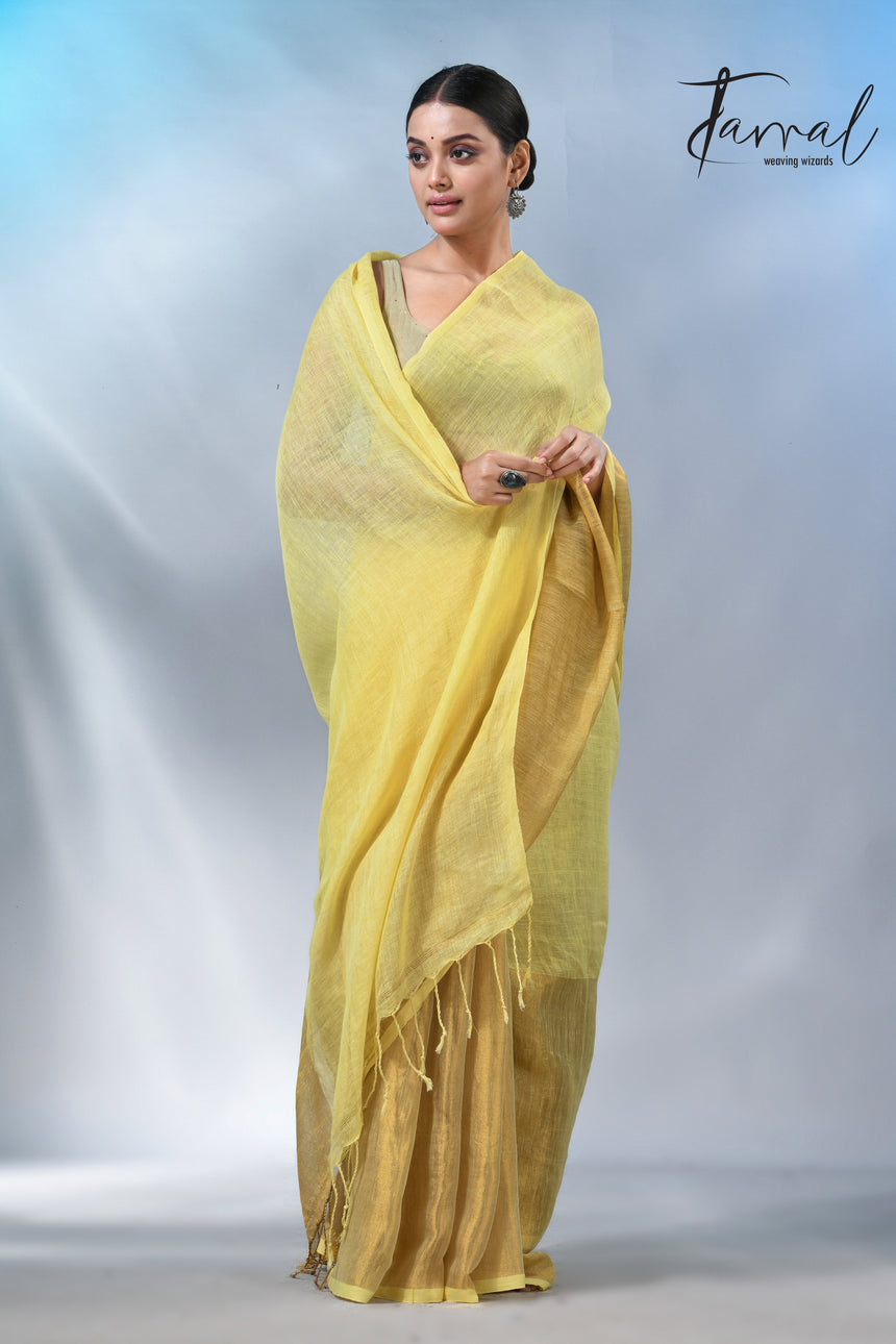 Light yellow with half golden zari pure linen handloom saree