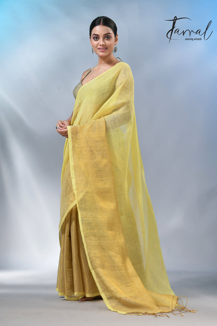 Light yellow with half golden zari pure linen handloom saree