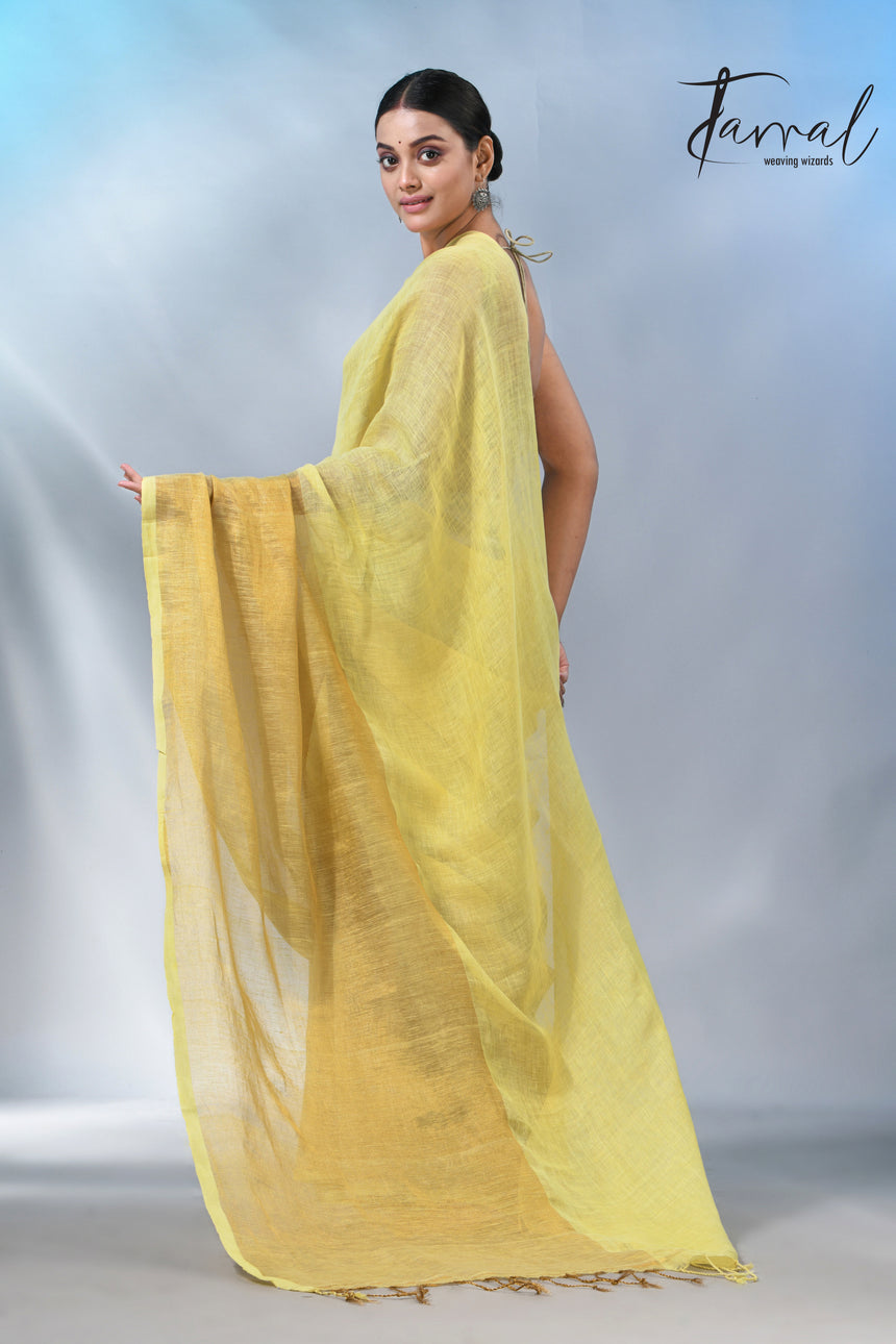 Light yellow with half golden zari pure linen handloom saree